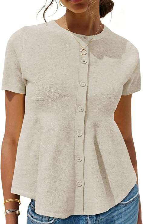 Saodimallsu Womens Short Sleeve Cardigans Ruffle Button Down Crew Neck Peplum Babydoll Knit Sweat... | Amazon (US)