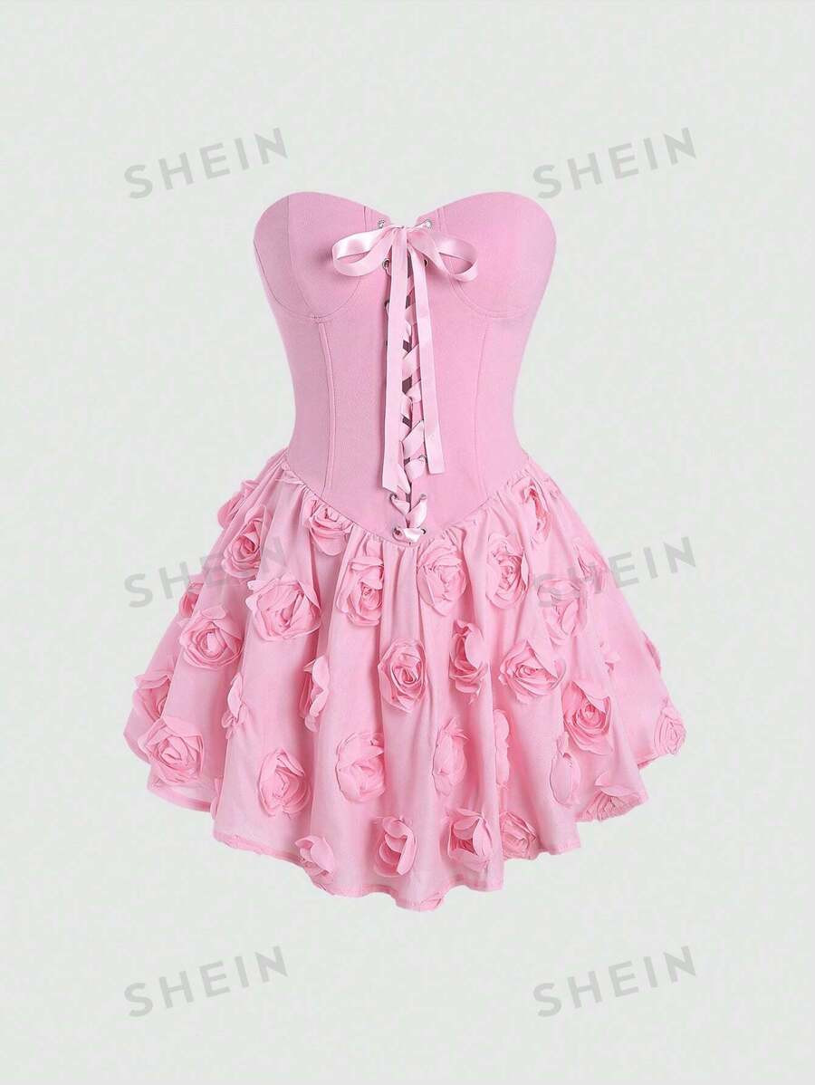 SHEIN MOD Women's Fashionable Sweet 3D Flower Fishtail Strapless Dress | SHEIN