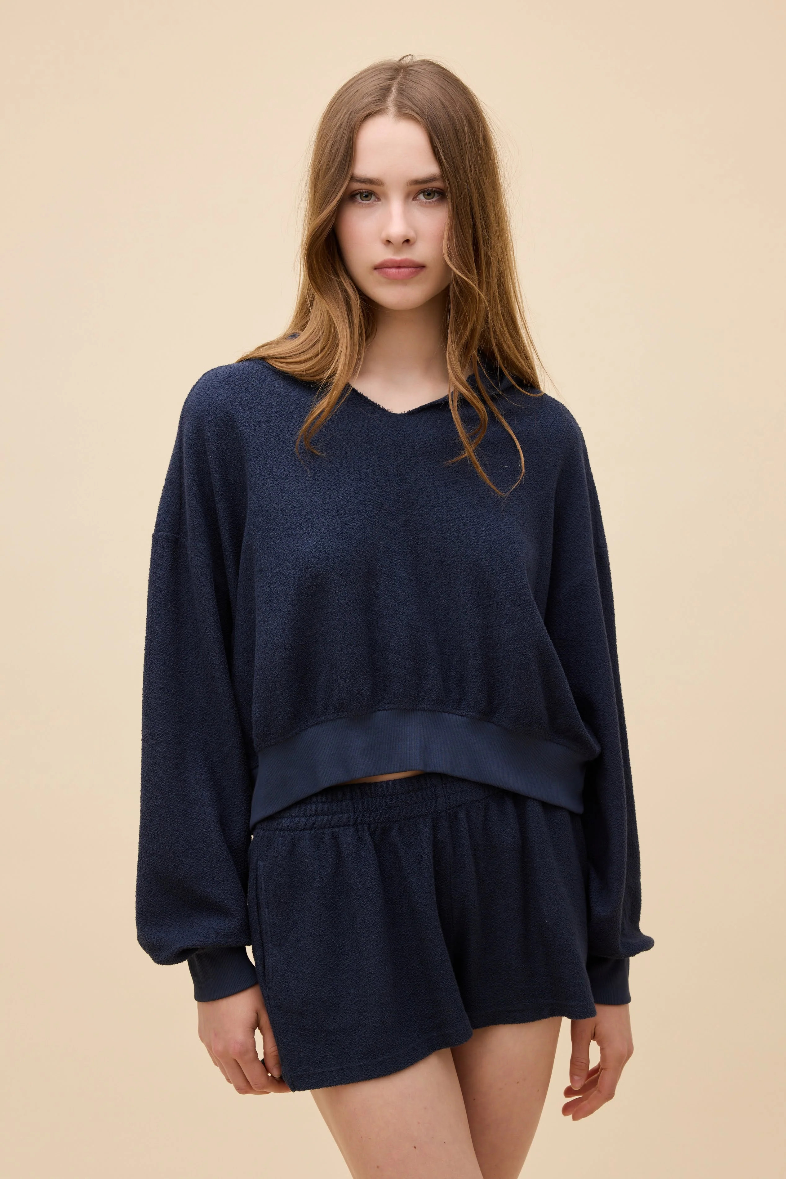Solid Towel-Like Terry Meet & Greet Hoodie in Navy | Cotton Terry Long Sleeve in Vintage Navy | Daydreamer