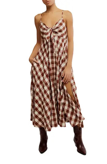 Free People Via Gingham Cotton Seersucker Sundress in Brown Combo Everly at Nordstrom Rack, Size X-Large | Nordstrom Rack