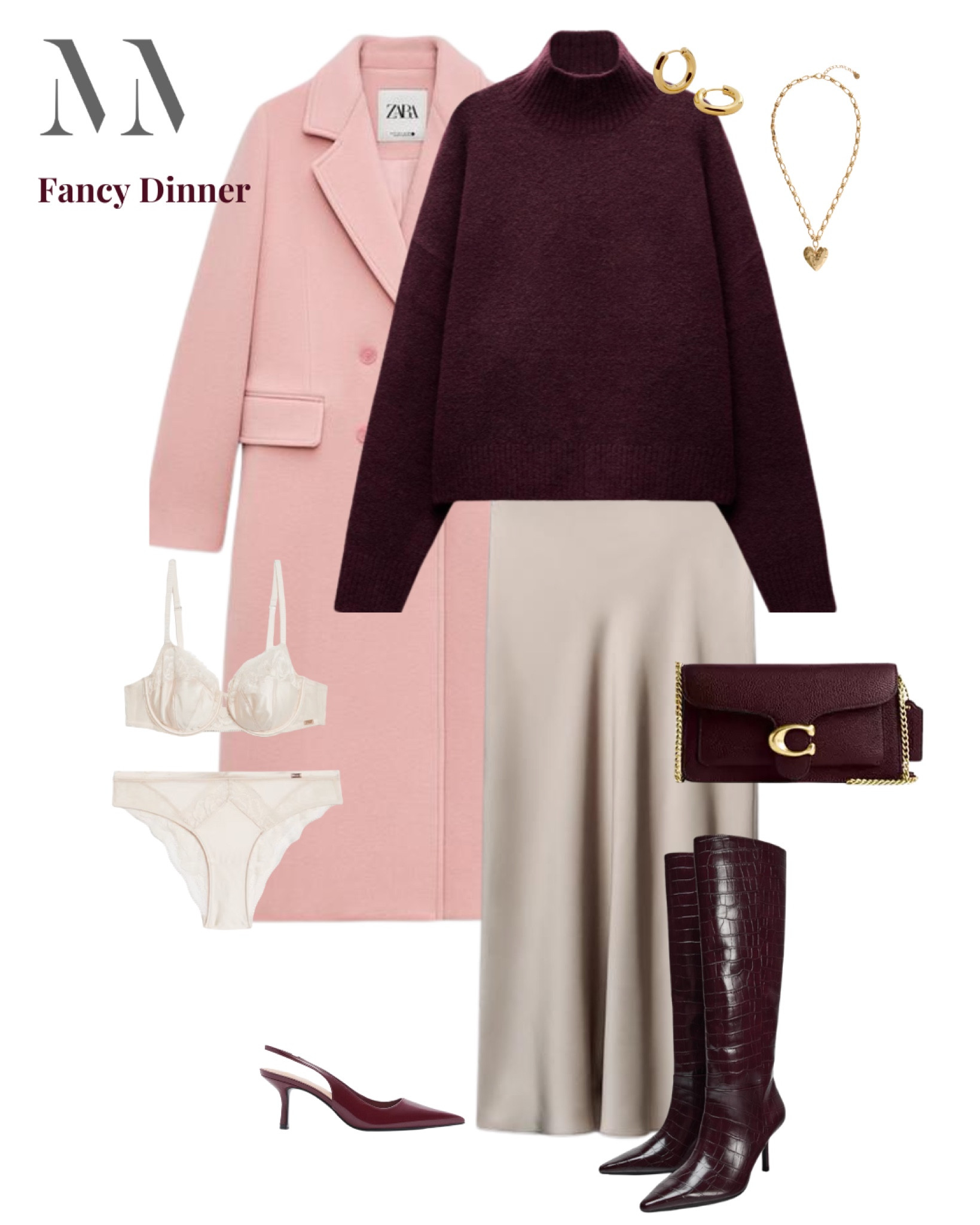 This sleek and classy outfit comes to life once the satin skirt is combined with an effortlessly stylish sweater and burgundy accessories. The pink coat keeps it on trend and adds a touch of formal structure. 

#LTKdatenight #LTKuk #LTKmidsize