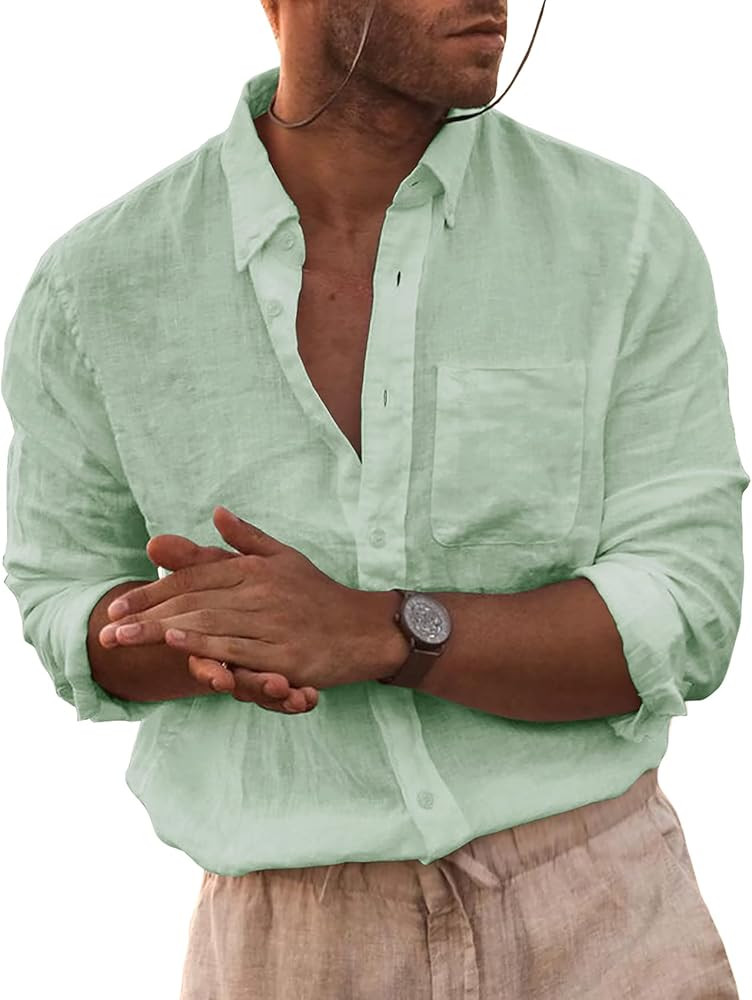 Lakimani Mens Long Sleeve Linen Shirt Summer Loose Fit Lightweight Casual Button Down Beach Shirt | Amazon (US)