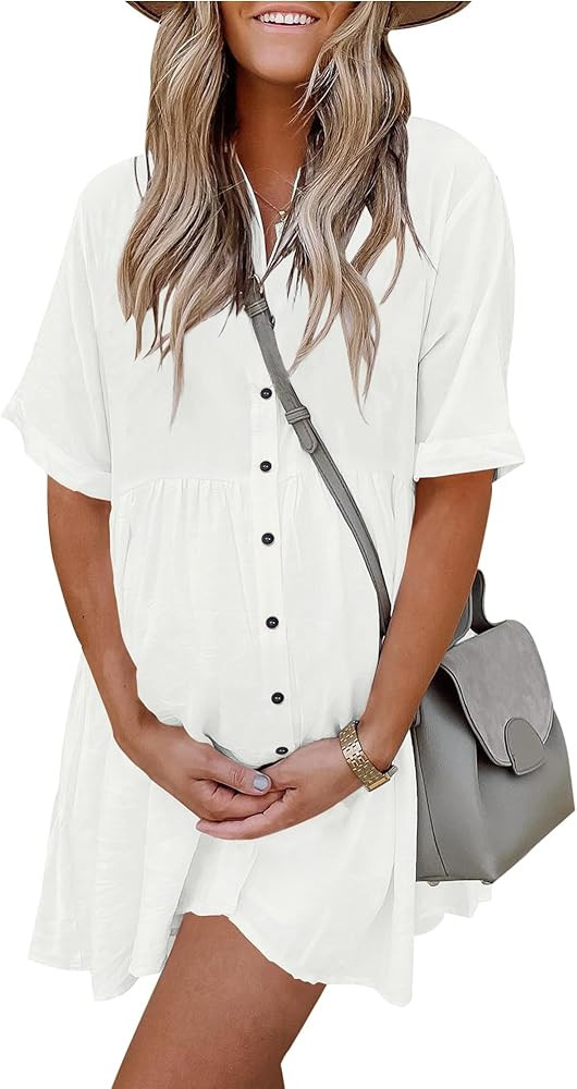 PYGFEMR Women's Short Sleeve Babydoll Dress Button Down Dresses with Pockets | Amazon (US)