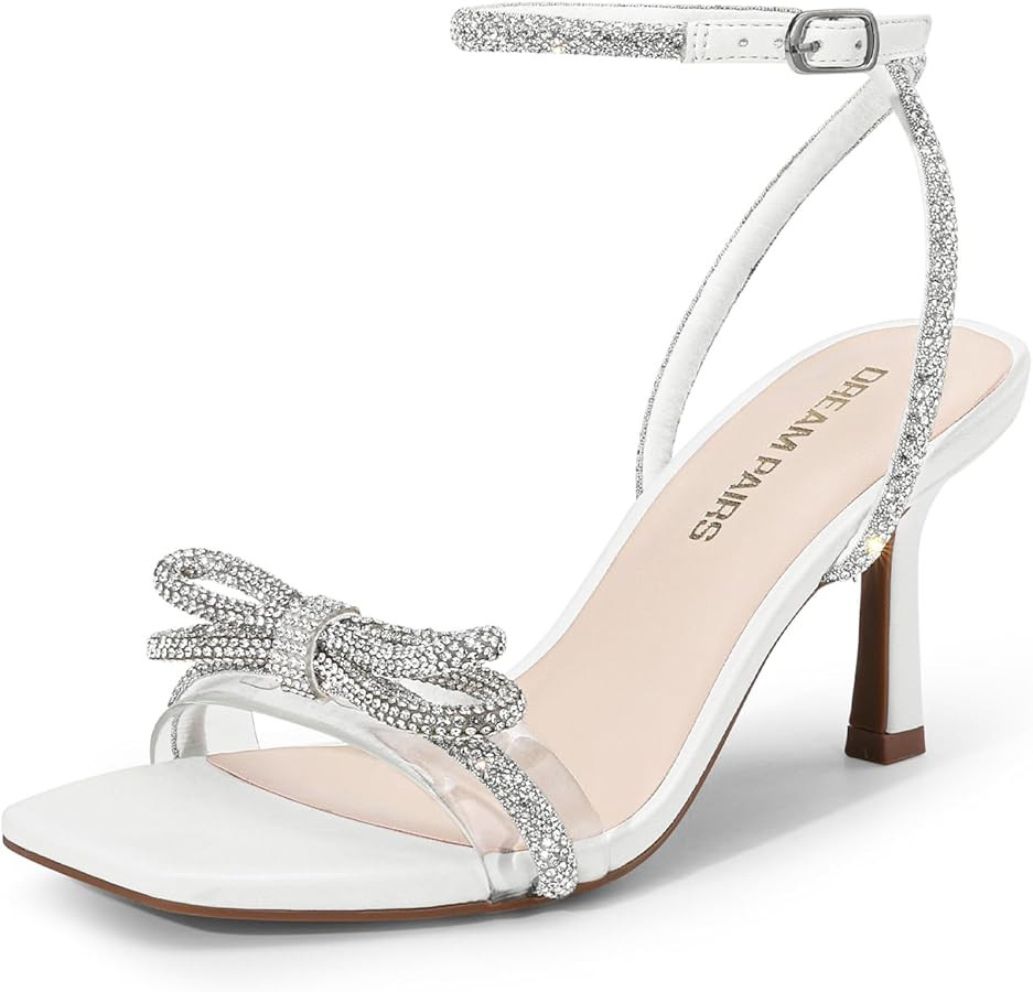 DREAM PAIRS Women's Double Bowknots Heels Open Square Toe Ankle Strap Crystal Rhinestone Dress Sa... | Amazon (US)