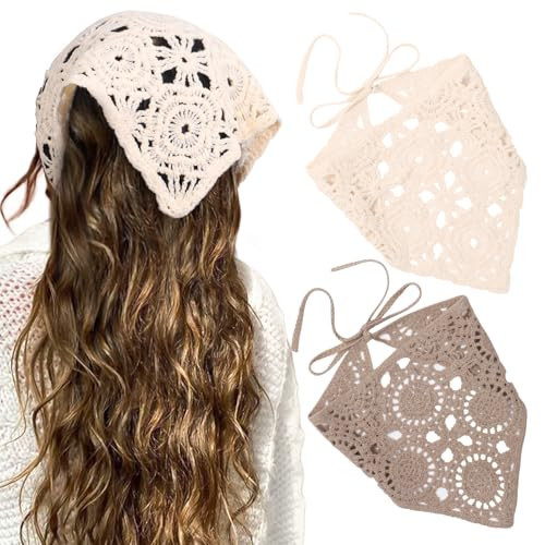HAIMEIKANG Crochet Hair Bandanas for Women Knit Head Scarf Bandana Headband Scarf Tie-Back Floral Headscarf for Girls(White+Coffee) | Amazon (US)