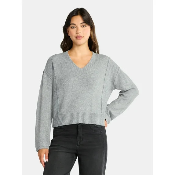 Time and Tru Women's Ribbed V Neck Sweater, Lightweight, Sizes XS-XXXL | Walmart (US)
