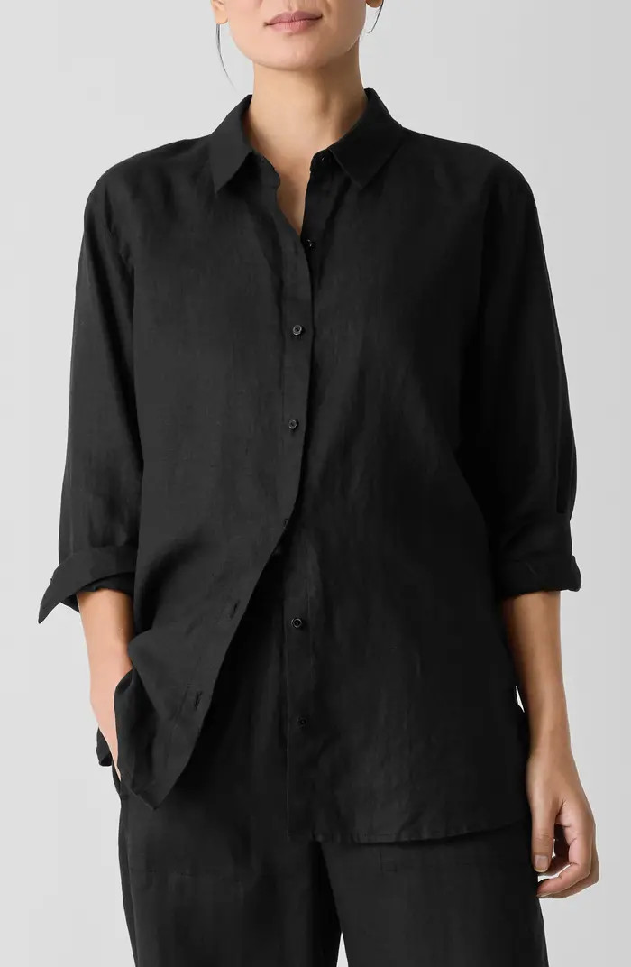 Classic Collar Organic Linen Long Button-Up Shirt | Nordstrom