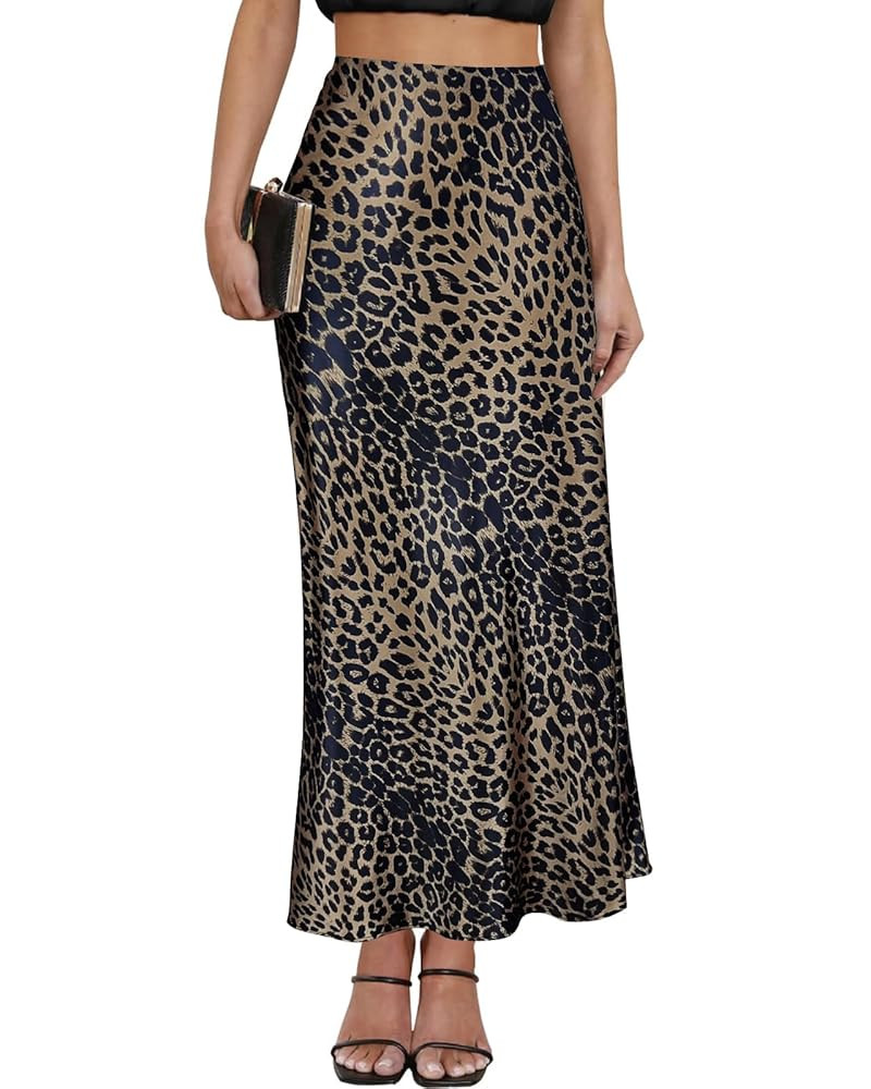 Women's Leopard Print Satin Maxi Skirt High Waisted Elastic Waistband Silk A-Line Casual Party 20... | Amazon (US)