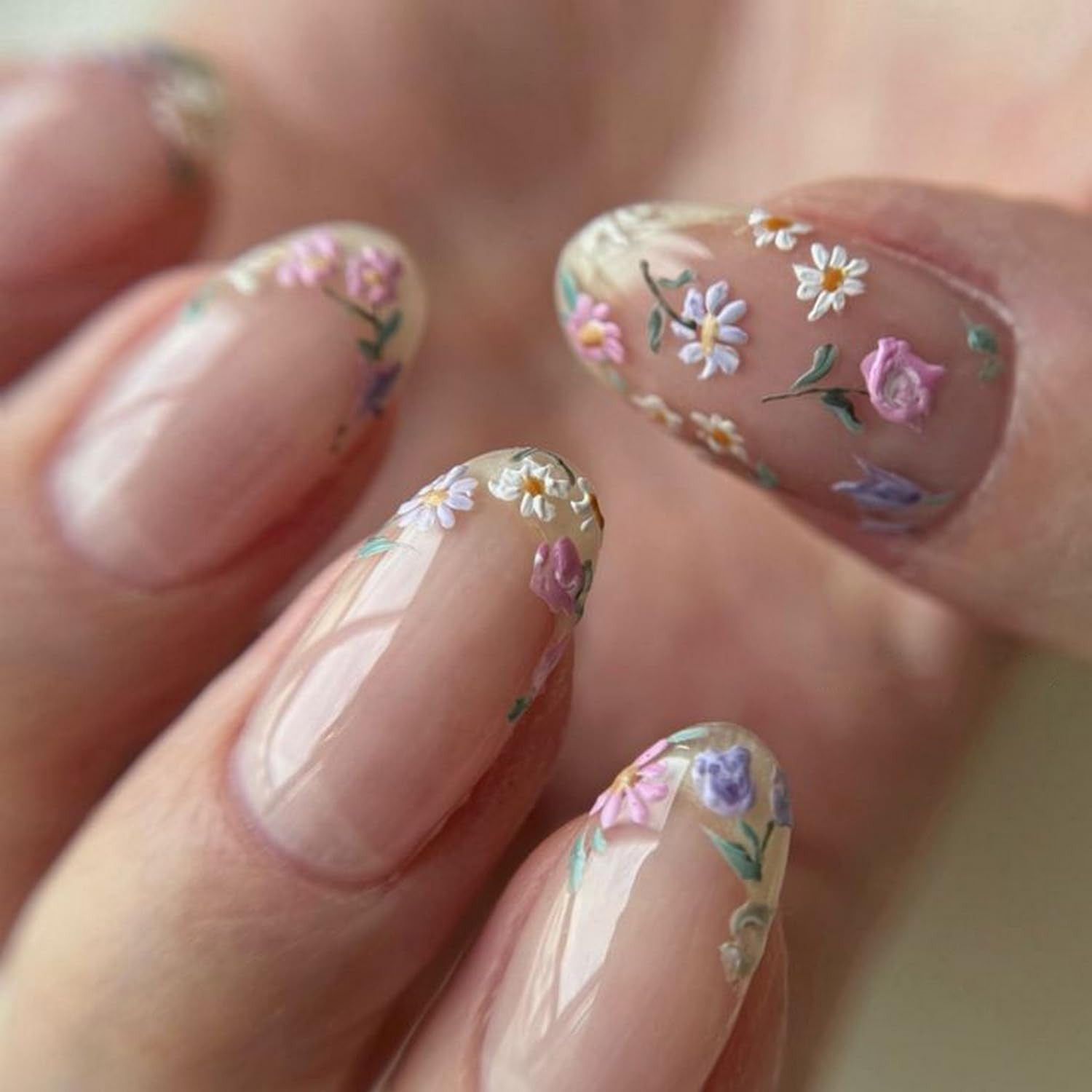 Colorful Flowers Press on Nails Short Almond Shaped Fake Nails Designs Embossed Floral False Nail... | Amazon (US)
