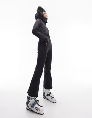 Topshop Sno ski suit with faux fur hood & belt in black | ASOS | ASOS (Global)
