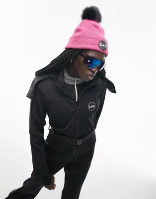 Topshop Sno ski suit with faux fur hood & belt in black | ASOS (Global)