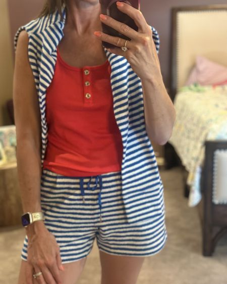 4th of July Outfit 

This is a great versatile outfit to take you from day to night this 4th of July. Also a great casual outfit for the summer.

Wearing a size XS in tank, size S in shorts and size S in pullover. Linked some fun jewelry to match too and my favorite sandals. 

#LTKVideo
#LTKTravel
#LTKItBag

Terry shorts, shorts, 4th of July outfit, casual outfit, Lilly Pulitzer, Tory Burch, striped shorts, 




#LTKStyleTip #LTKOver40 #LTKBeauty