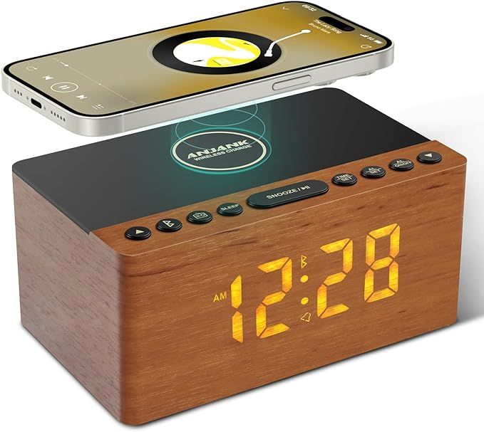 ANJANK Wooden Bluetooth Speaker Alarm Clock with Fm Radio, Wireless Charging Station for iPhone/S... | Amazon (US)