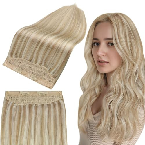 Full Shine Invisible Wire Hair Extensions Real Human Hair Honey Blonde Highlight Beach Blonde Hair Extensions One Piece Hair Extensions With Transparent Fishing Line Secret Hair Extensions 80g 16 Inch | Amazon (US)
