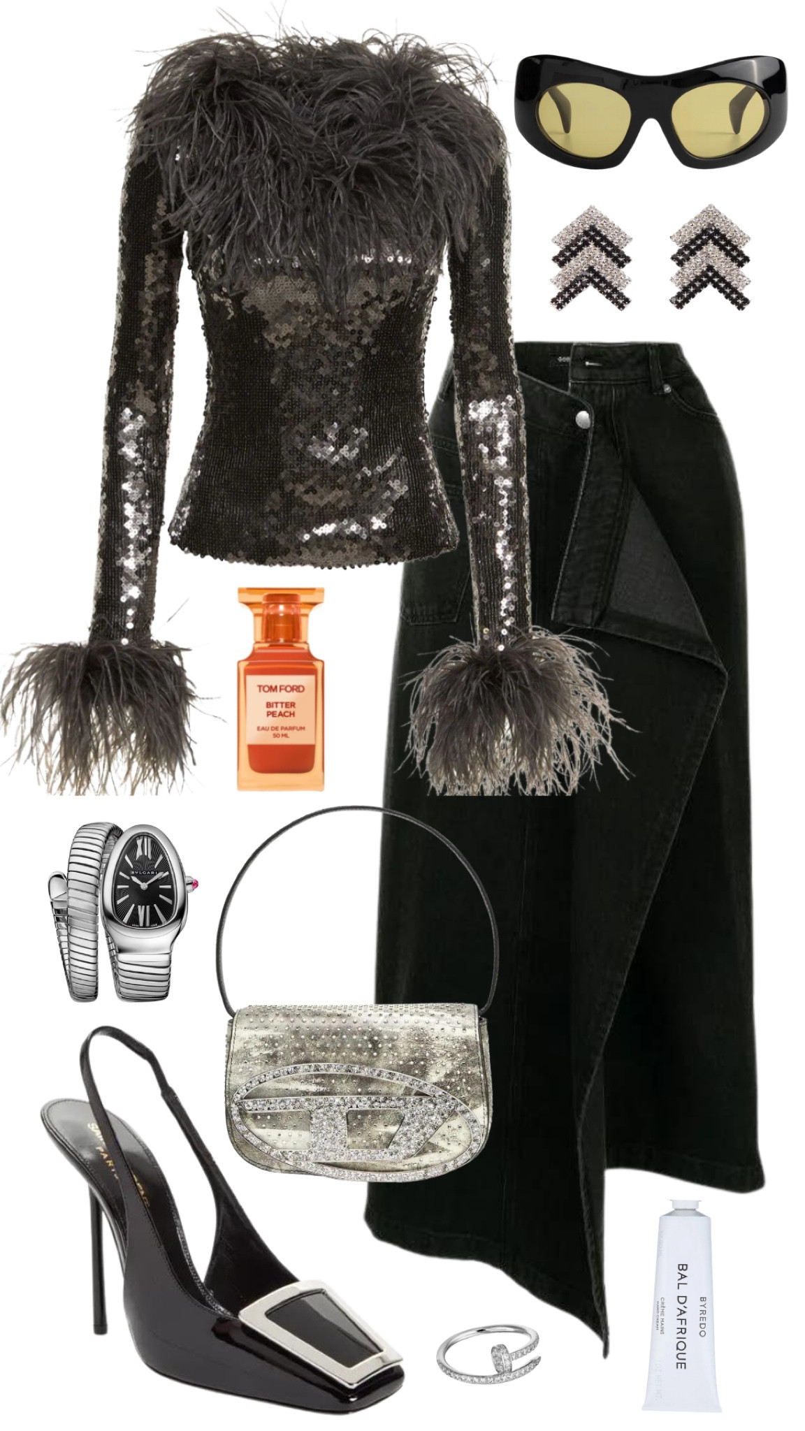 16 arlington top 
goen.j skirt 
diesel bag 
saint laurent heels 
port tanger ruh sunglasses 
bulgari serpenti watch 
area earrings 
tom ford bitter peach perfume 
byredo bal d’afrique hand cream
cartier juste un clou ring 


#LTKfit #LTKstyletip #LTKFind