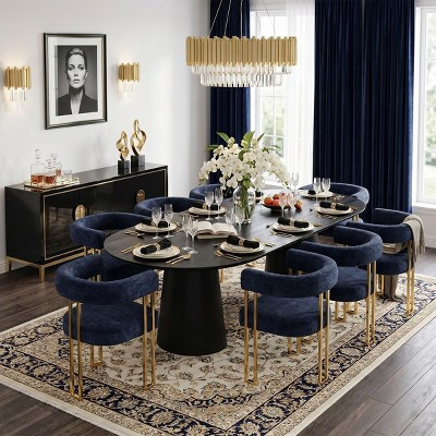 Set of 8 Modern Blue Chenille Dining Chairs, Upholstered Armchairs with Curved Backrest and Gold Metal Legs for Kitchen & Dining Room-Panipeachy | Target
