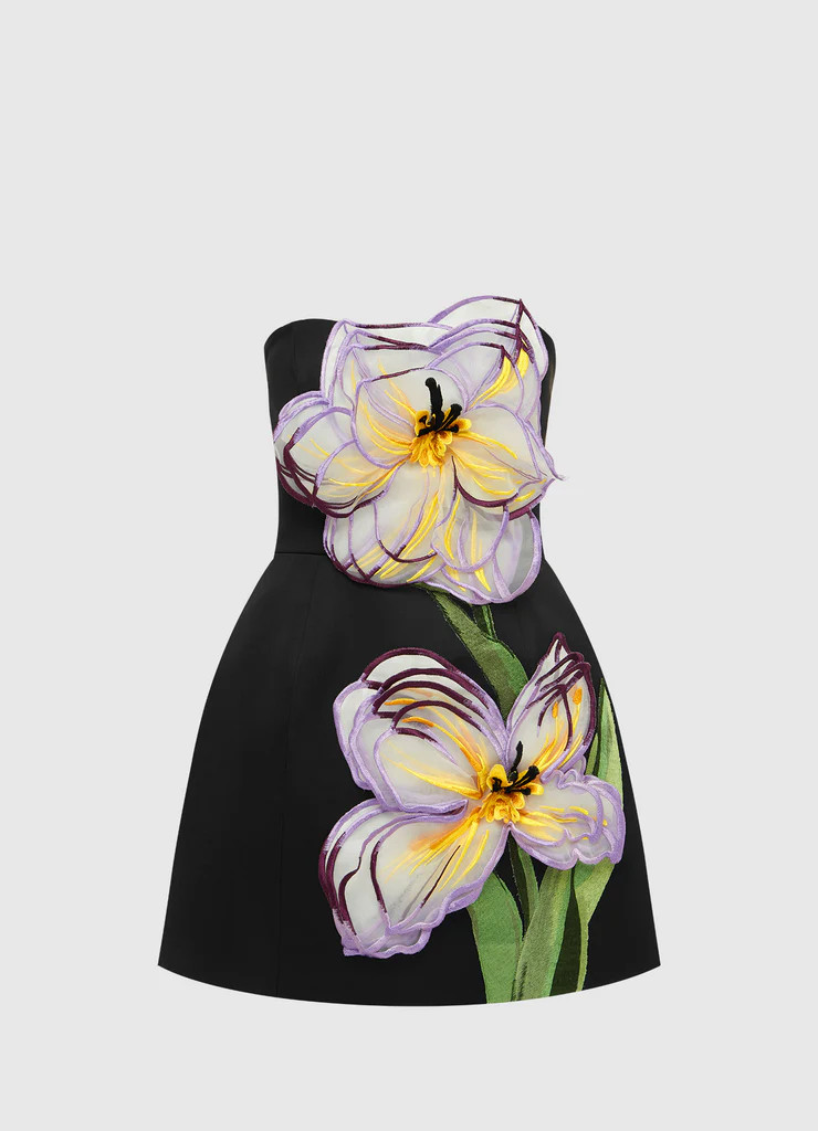 Rosario Appliqué Floral Bustier Mini Dress - Iris Print in Ebony | LEO LIN
