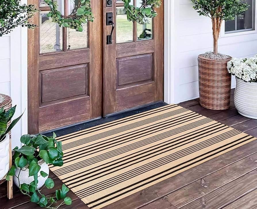 Black and Tan Striped Outdoor Rug 2'x4',Front Porch Rug Machine Washable Front Door Mat Entryway ... | Amazon (US)