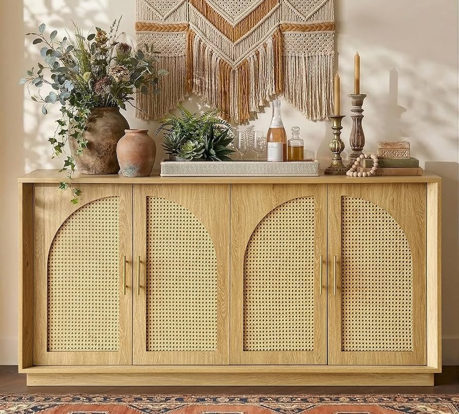 FORTUNETEC 63" Sideboard Buffet Cabinet with Storage, Modern Accent Cabinet with Rattan Arched Do... | Amazon (US)