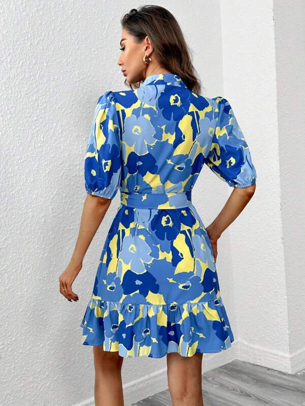 SHEIN Clasi Floral Print Ruffle Hem Belted Dress | SHEIN