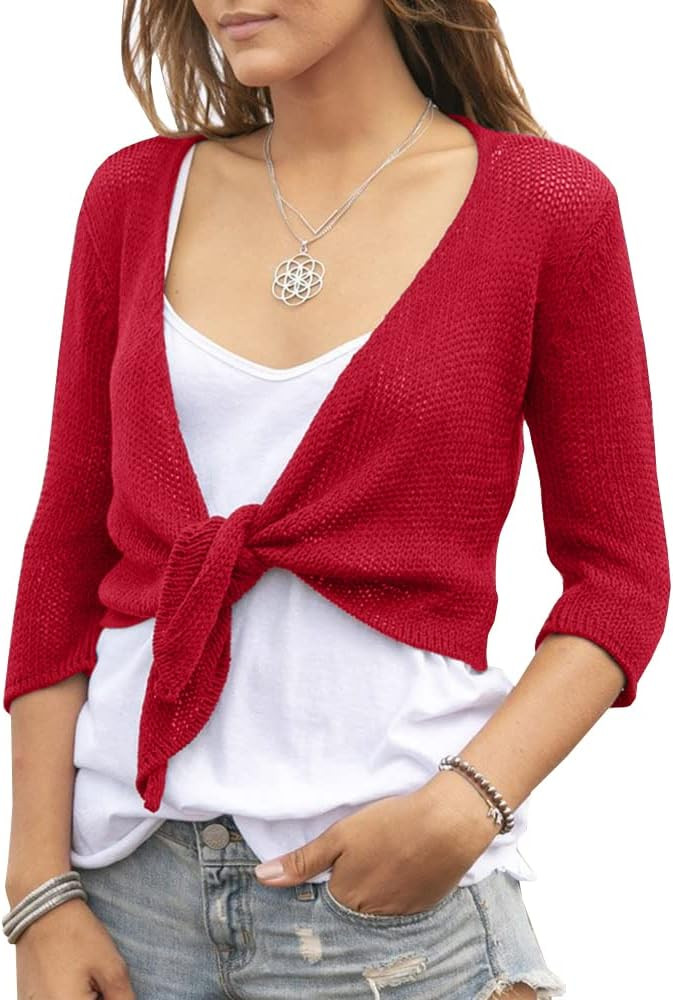 YeMgSiP Women's Tie Front Shrug 3/4 Sleeve Bolero Sheer Knotted Lightweight Cardigan Sweaters Sho... | Amazon (US)