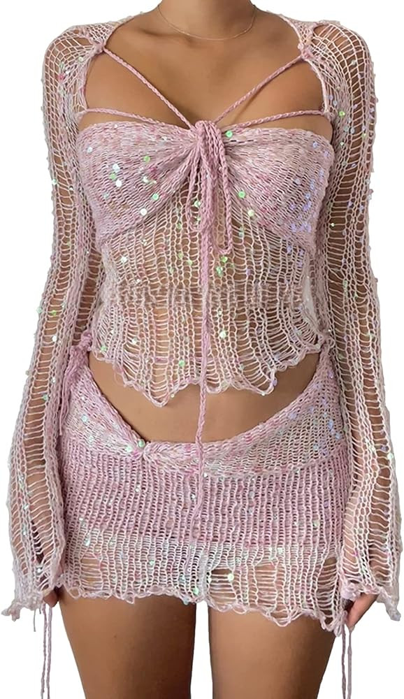 Knitted sweater Sexy Lingerie Sets Rave Outfit women crochet dress sparkly tights crochet swim co... | Amazon (US)