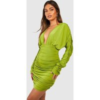 Womens Slinky Ruched Plunge Mini Dress - Green - 14 | boohoo (US & Canada)
