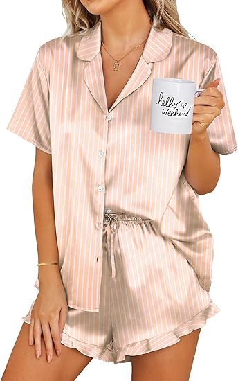 Ekouaer Womens Satin Pajamas Set Button Down 2 Piece Silk Pjs Shorts Set Ruffle Lingerie Notch Co... | Amazon (US)
