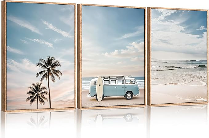 Ausril Large Surfboard Ocean Beach Framed Canvas Wall Art Set, Coastal Beach Wall Decor, Bus and ... | Amazon (US)
