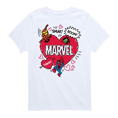 Boys' Marvel Valentine Heart Scribble Short Sleeve Graphic T-Shirt - White - Large | Target