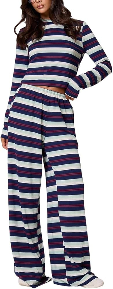 ROAONOCOMO Women Y2K Floral 2 Piece Lounge Set Long Sleeve Fitted Tee Shirt Top Wide Leg Long Pan... | Amazon (US)
