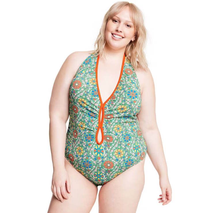 Women's Zinnia Floral Print Halter High Leg Cheeky One Piece Swimsuit - RHODE x Target Green/Red/... | Target