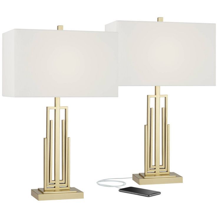 360 Lighting Contemporary Art Deco Table Lamps 29.5" Tall Set of 2 with USB Charging Ports Gold M... | Target