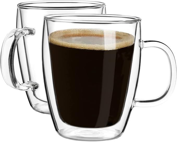 YUNCANG Double Wall Glass Coffee Mugs, (2-Pcak) 16 Ounces-Clear Glass Coffee Cups with Handle,Ins... | Amazon (US)