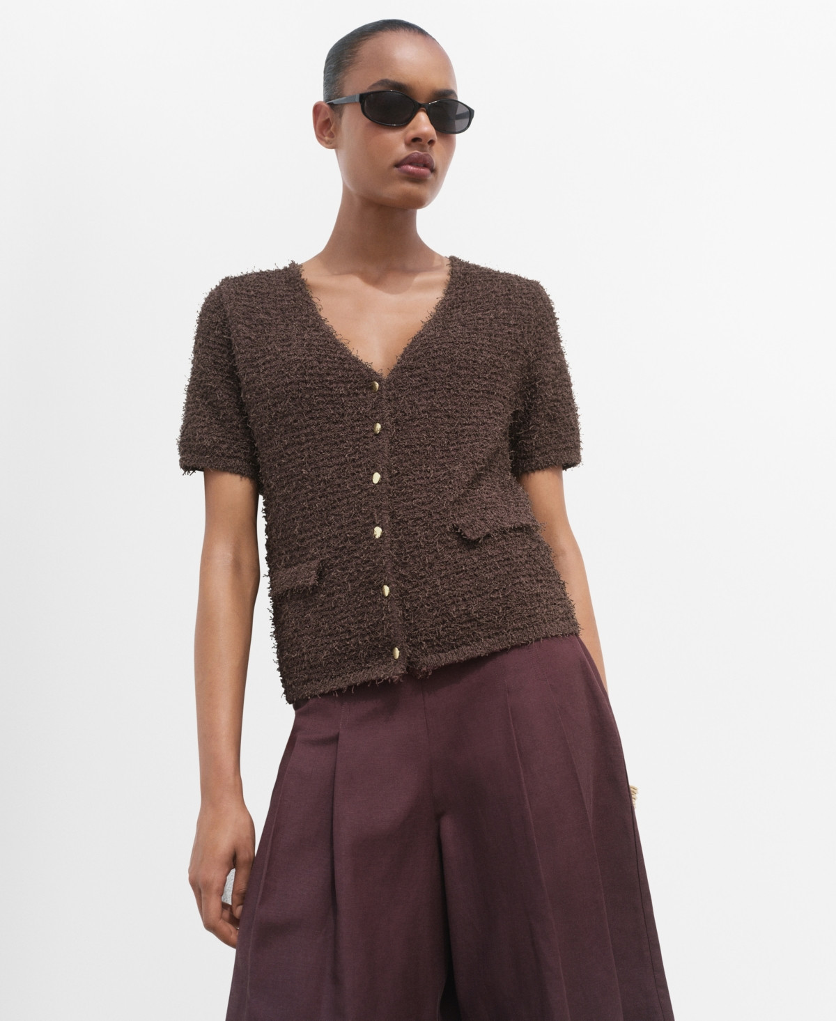 Mango Women's Short-Sleeved Boucle Cardigan - Chocolate | Macy's