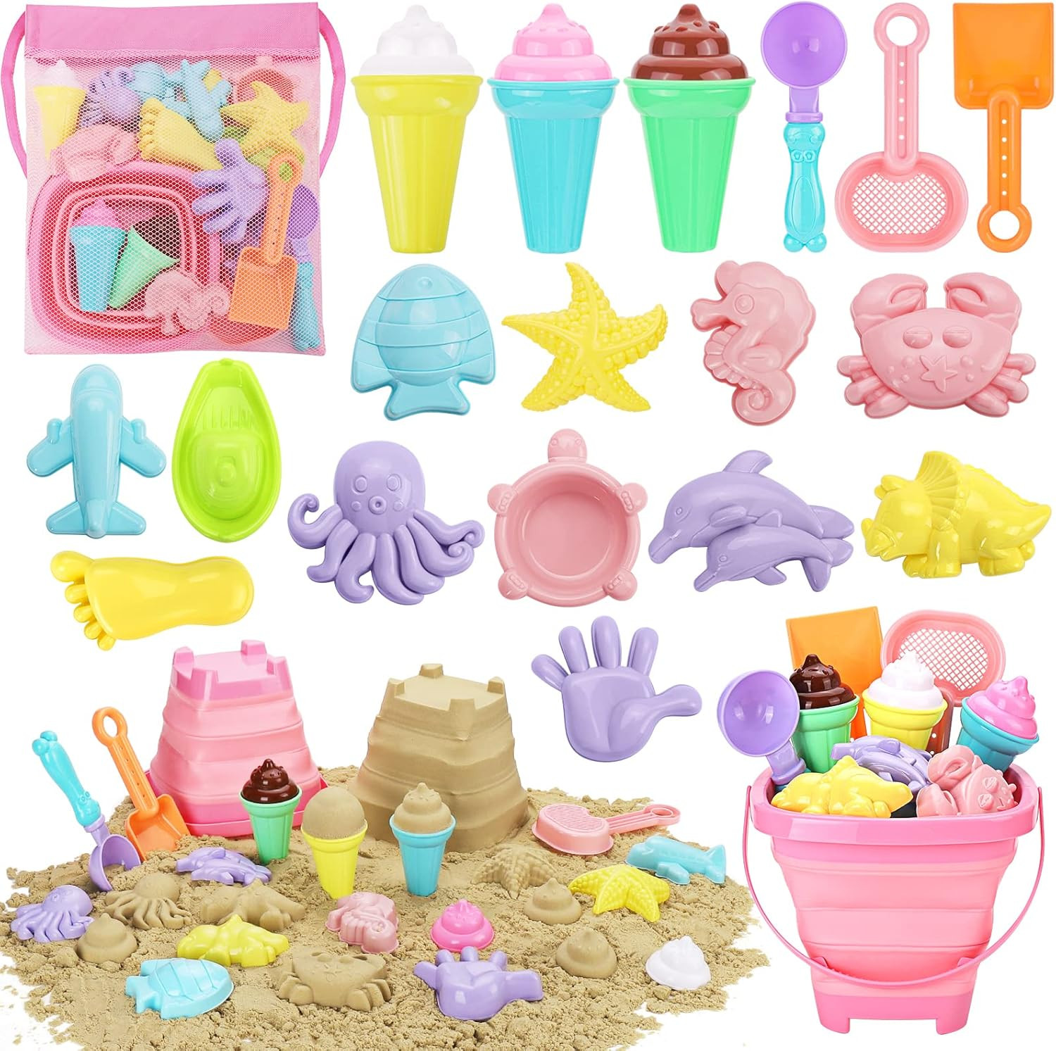 Beach Toys, Ice Cream Sand Toys for Toddlers, with Collapsible Bucket and Shovels for Kids with B... | Amazon (US)