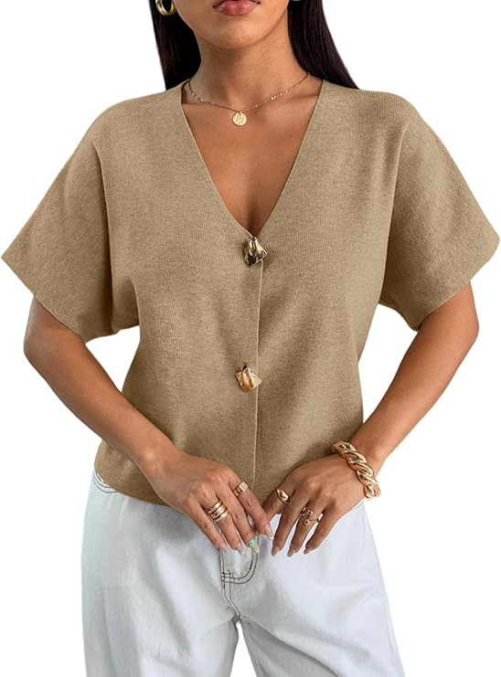 ZAFUL Women's Short Sleeve Office Spring Fall Winter Cardigan Sweater Button Down V Neck Slim Fit... | Amazon (US)
