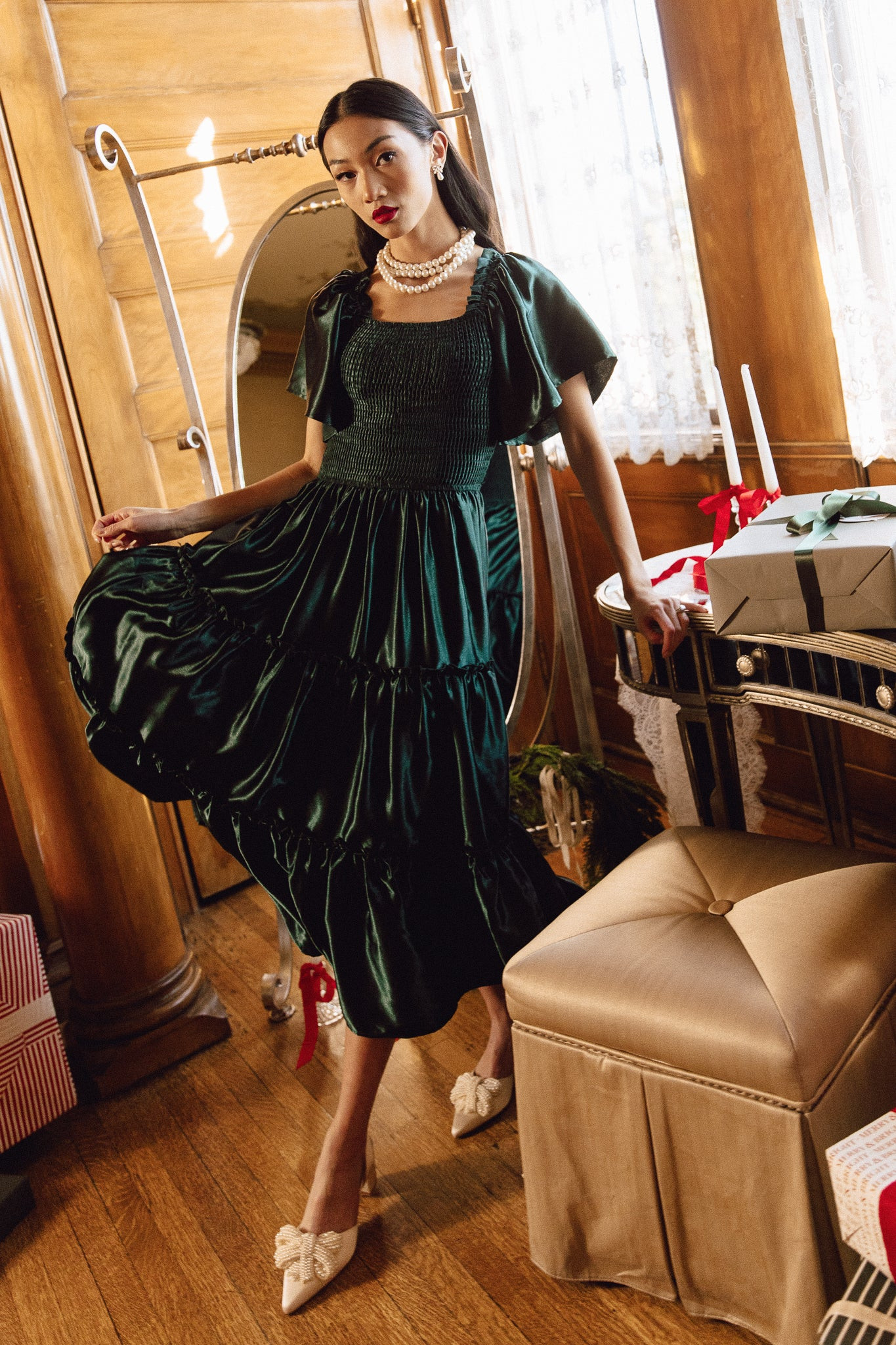 Ellie Dress in Emerald Satin | Ivy City Co