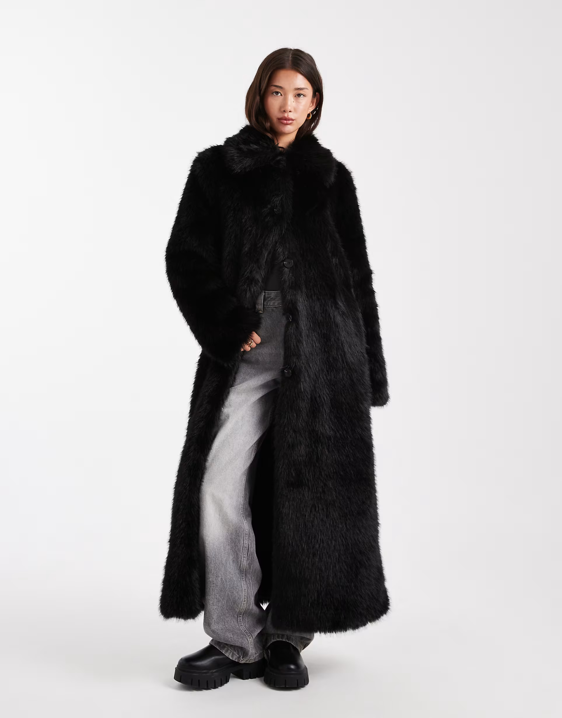 ASOS DESIGN longline tipped faux fur car coat in black | ASOS (Global)