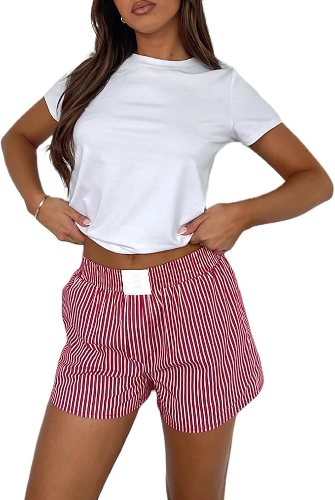 Owl's-Yard Women Y2k Lounge Shorts Stripe Print Short Pants Elastic Waist Loose Fit Pajamas Pants... | Amazon (US)
