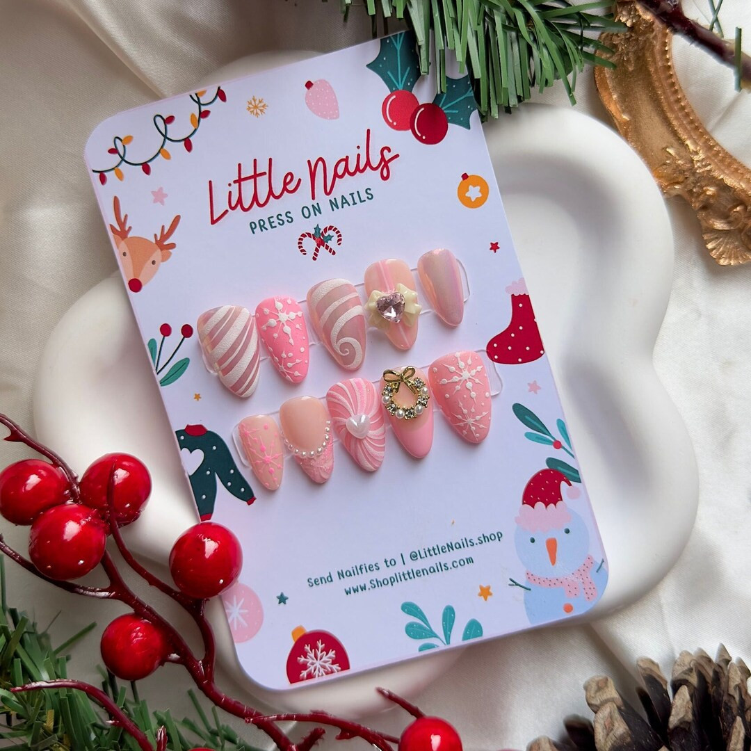 Pink Kawaii Holiday Nails, Candy Cane, Glue on Nails and Reusable Nails, Press on Nails - Etsy | Etsy (US)