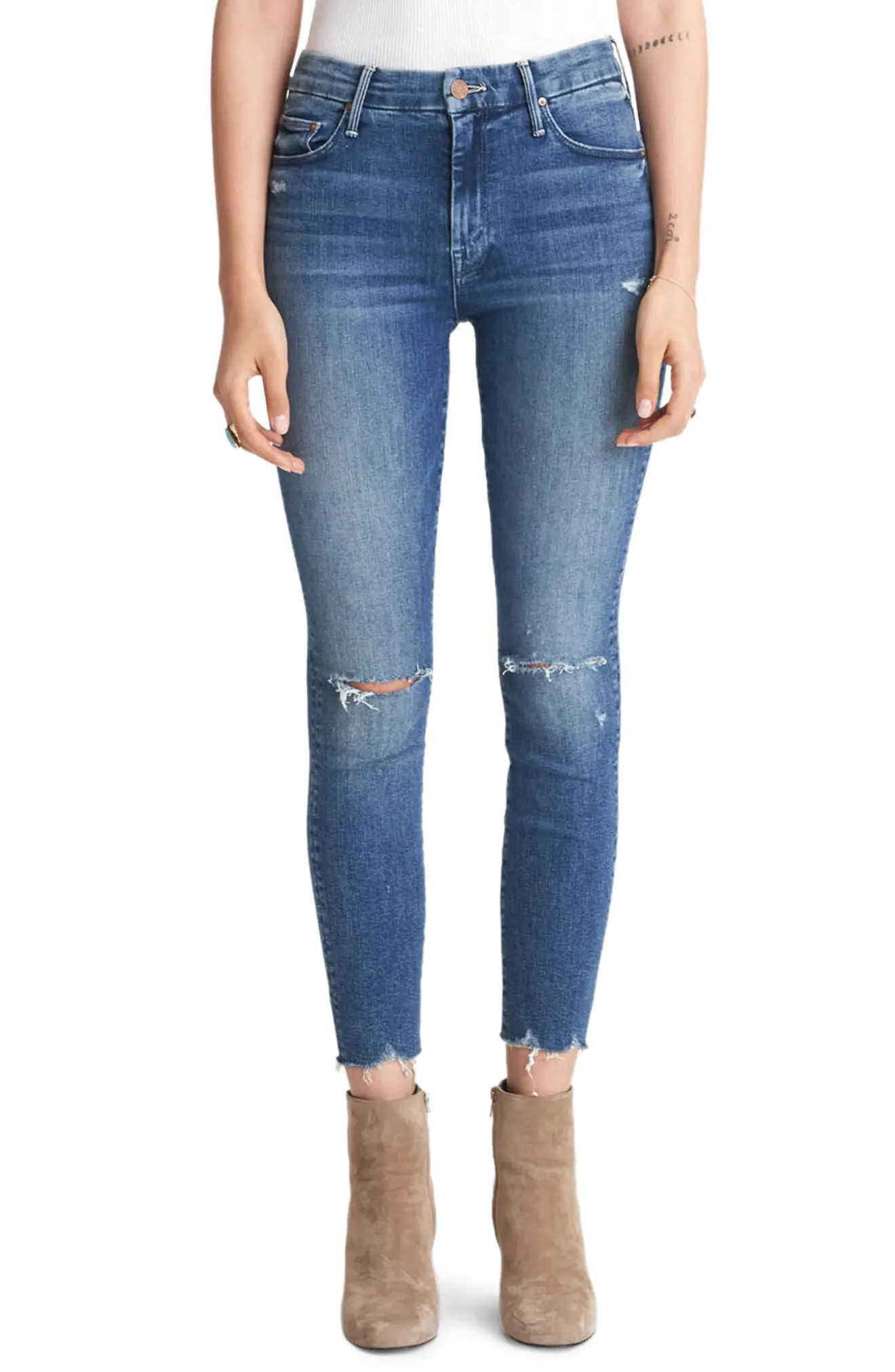 Women's Mother The Looker High Waist Frayed Ankle Skinny Jeans, Size 30 - Blue | Nordstrom