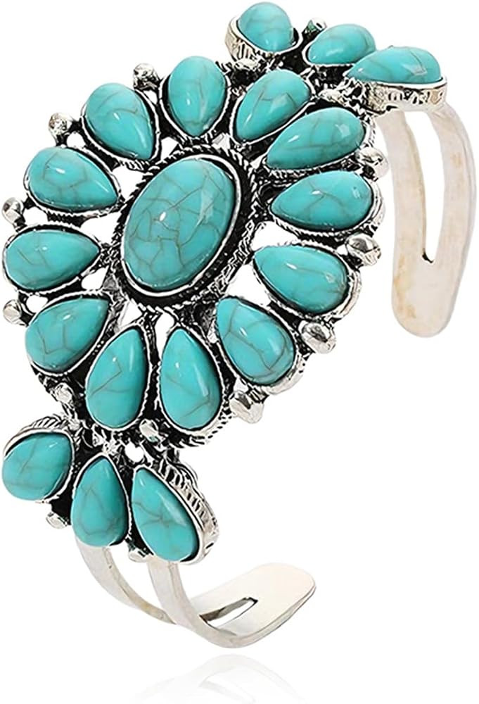 Bohemian Vintage Turquoise Flower Cuff Bracelet for Women Western Cowgirl Silver Geometric Engrav... | Amazon (US)