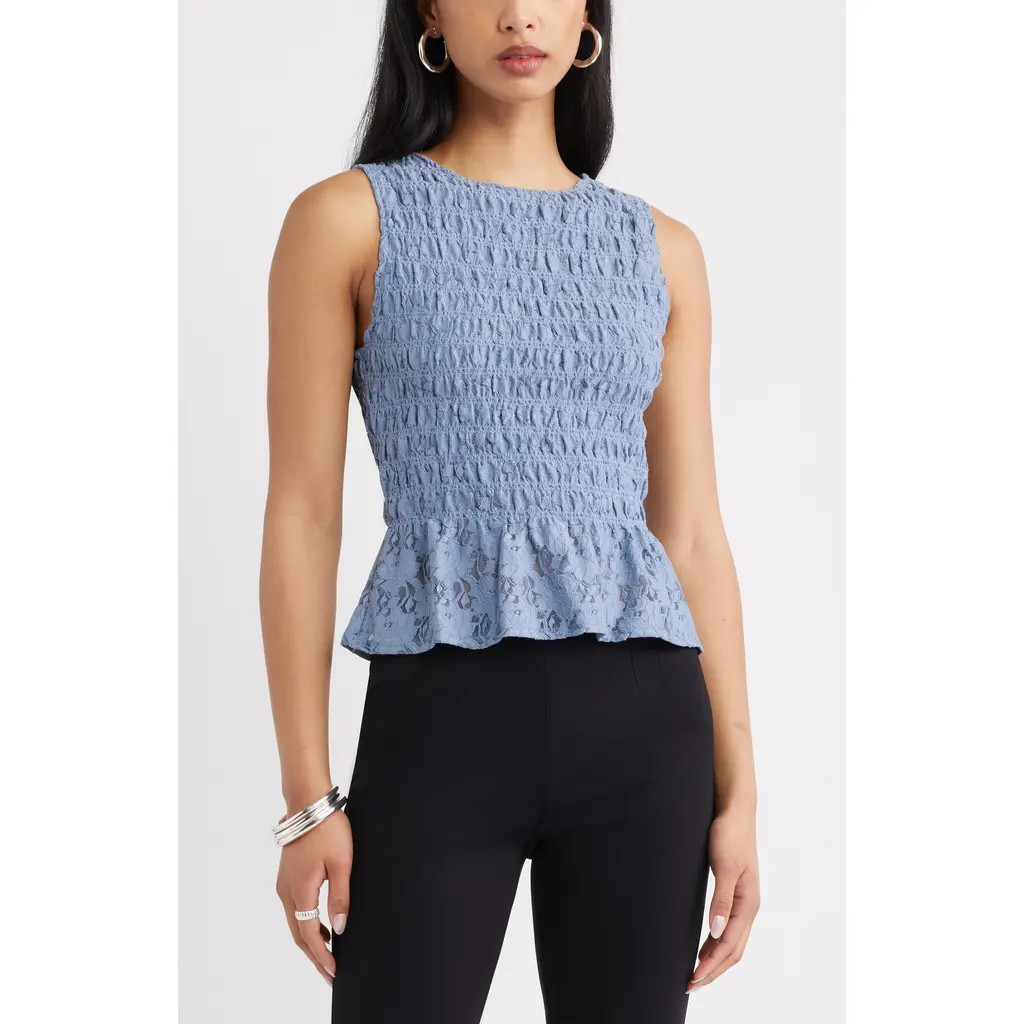 Open Edit Smocked Lace Peplum Top in Blue Tempest at Nordstrom Rack, Size Small | Nordstrom Rack