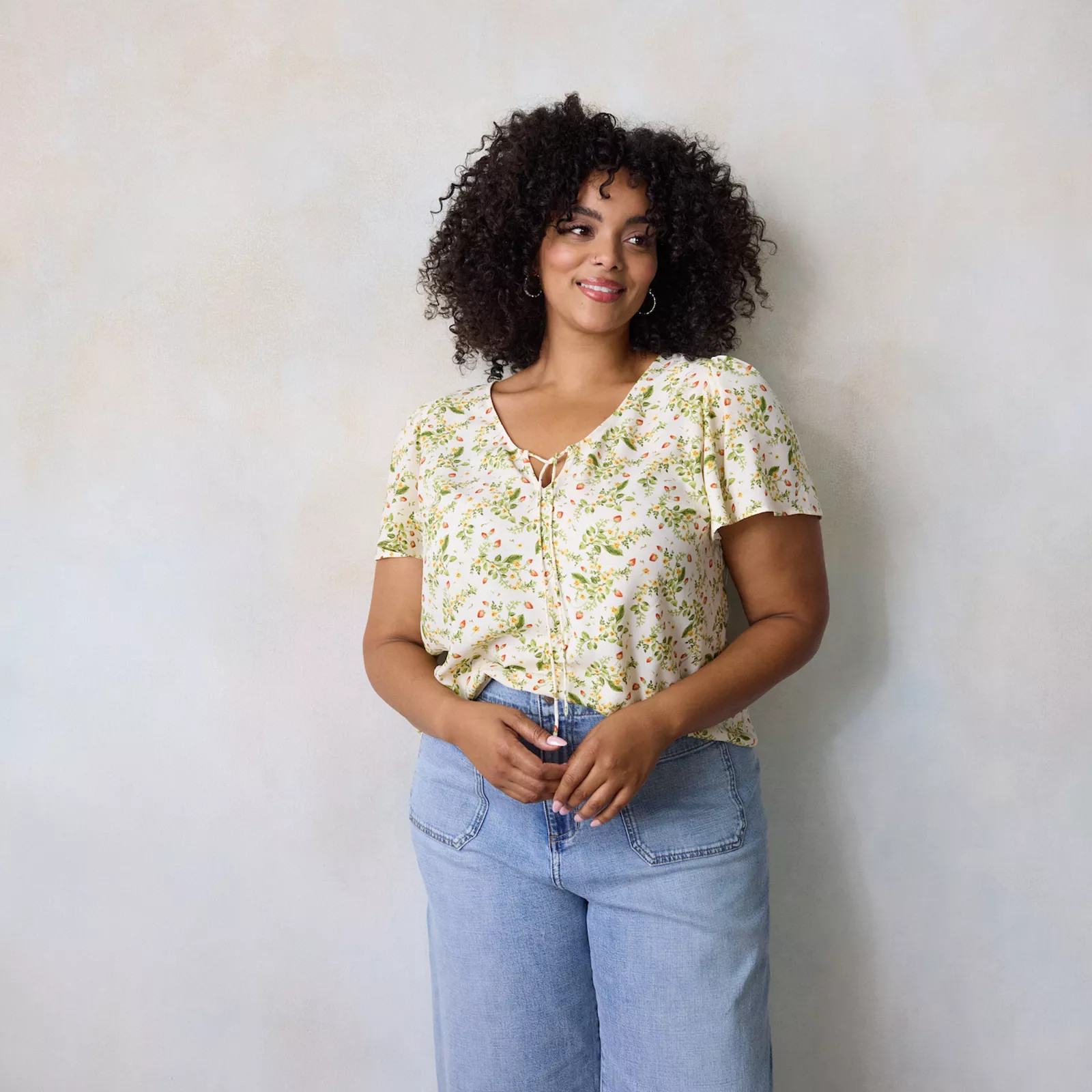 Plus Size LC Lauren Conrad Tie Key Hole Flutter Woven Short Sleeve V-Neck Blouse | Kohl's