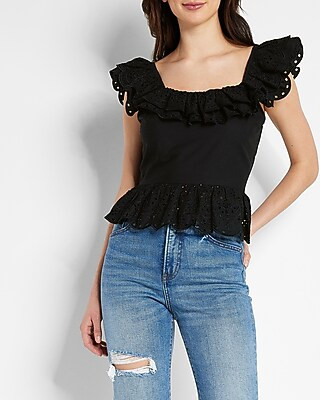 Open Back Eyelet Ruffle Peplum Top | Express