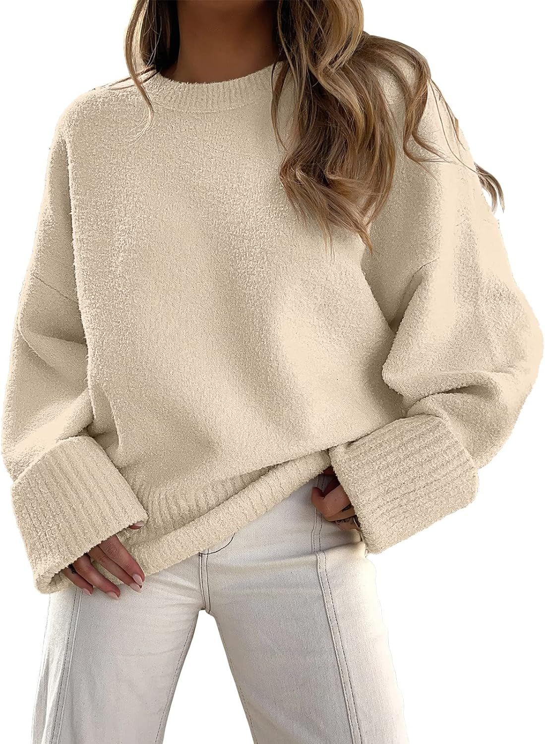 Amazon.com: LOGENE Womens Oversized Fuzzy Crewneck Long Sleeve Sweaters Casual Loose Knitted Pull... | Amazon (US)