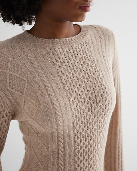 Cable Knit Crew Neck Long Sleeve Maxi Sweater Dress | Express