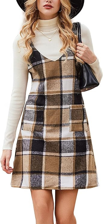 CUPSHE Fall Dresses for Women V Neck Plaid Sleeveless Wide Strpas Pockets Casual Pinafore Mini Ov... | Amazon (US)