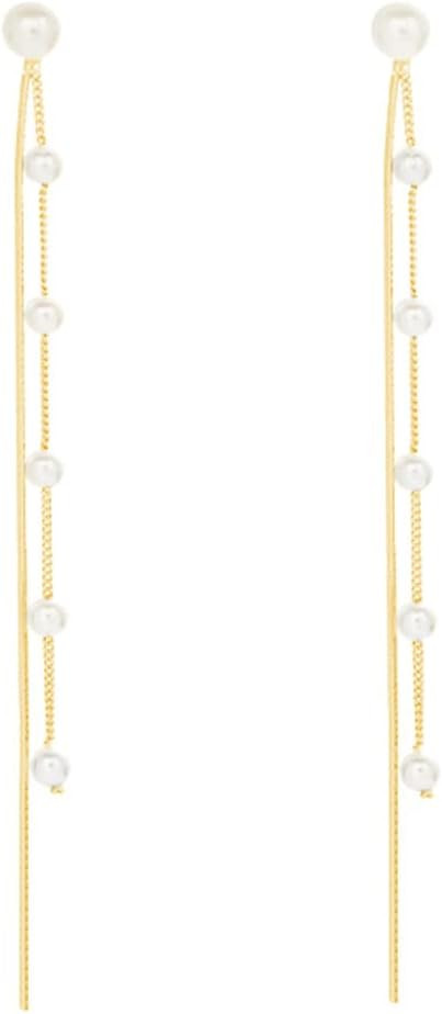 SLUYNZ Solid 925 Sterling Silver Simulated Shell Pearl Dangle Earrings Chain for Women Teens Elegant Long Dangle Earrings Tassel Wedding Bridal Earrings Prom Party Engagement Jewelry | Amazon (US)